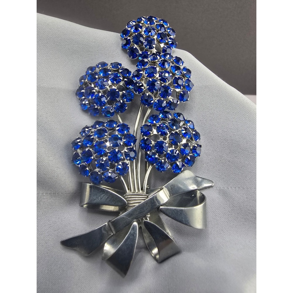Vintage Estate Fur Clip Blue Rhinestone Floral Bouquet  Large Bow 3.75in